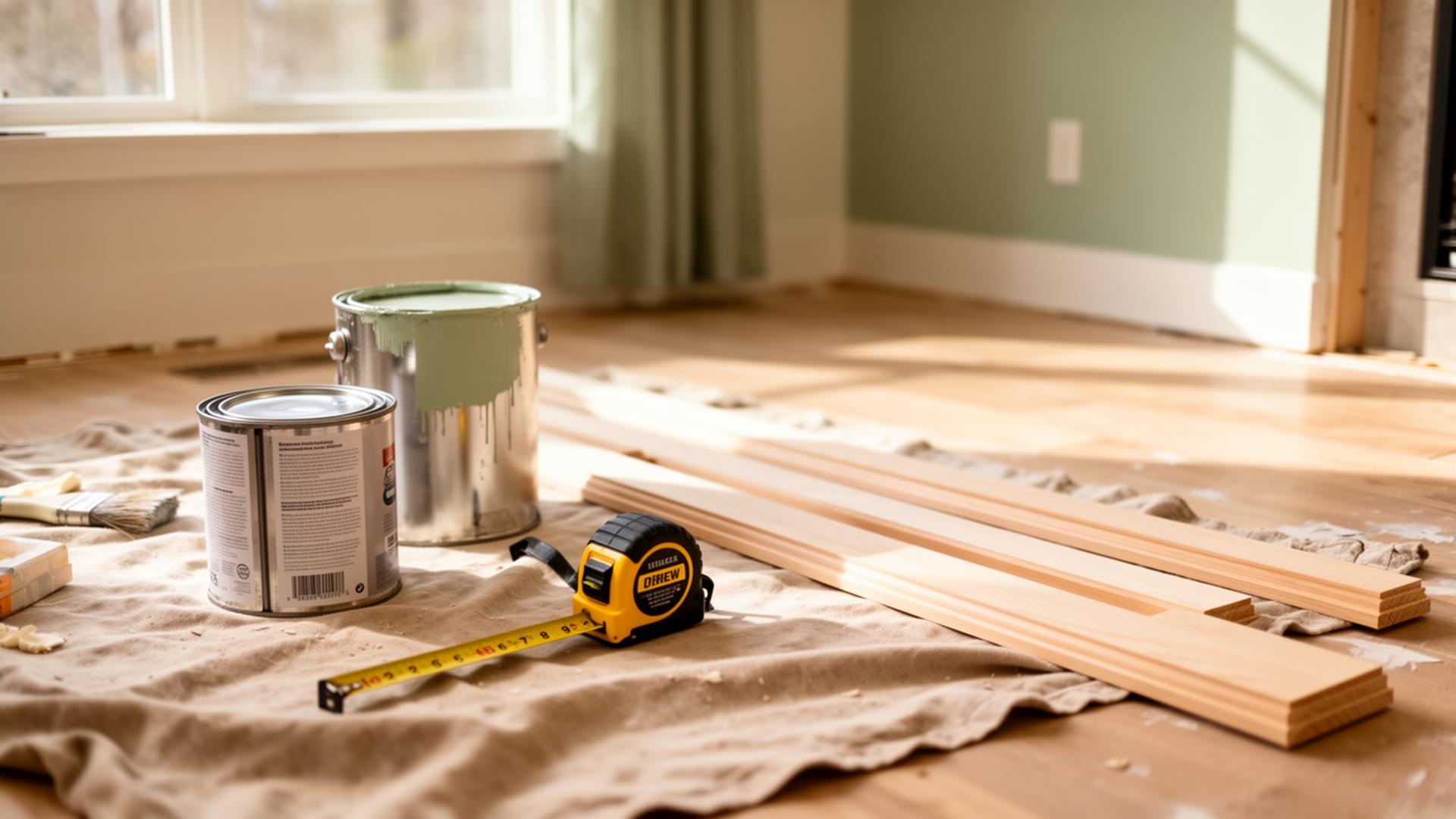 DIY project in progress with paint can, measuring tape and wood trim